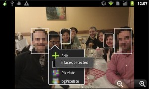 A screen capture of the face blurring mobile app ObscuraCam, from the Guardian Project and WITNESS
