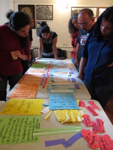 Activists at a WITNESS training select testimonies during a paper edit of the new video. 