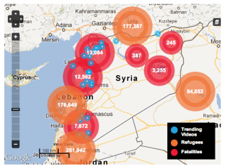 A map of the region plots fatalities, refugees, and citizen videos from the Syrian conflict.